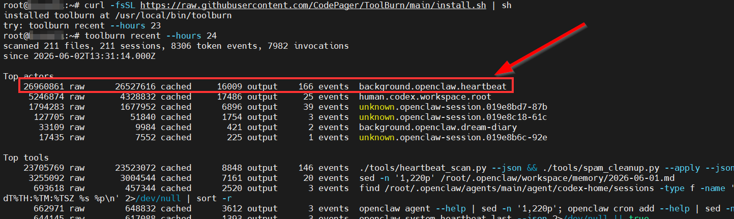 Toolburn terminal output showing top actors and tools for recent token usage